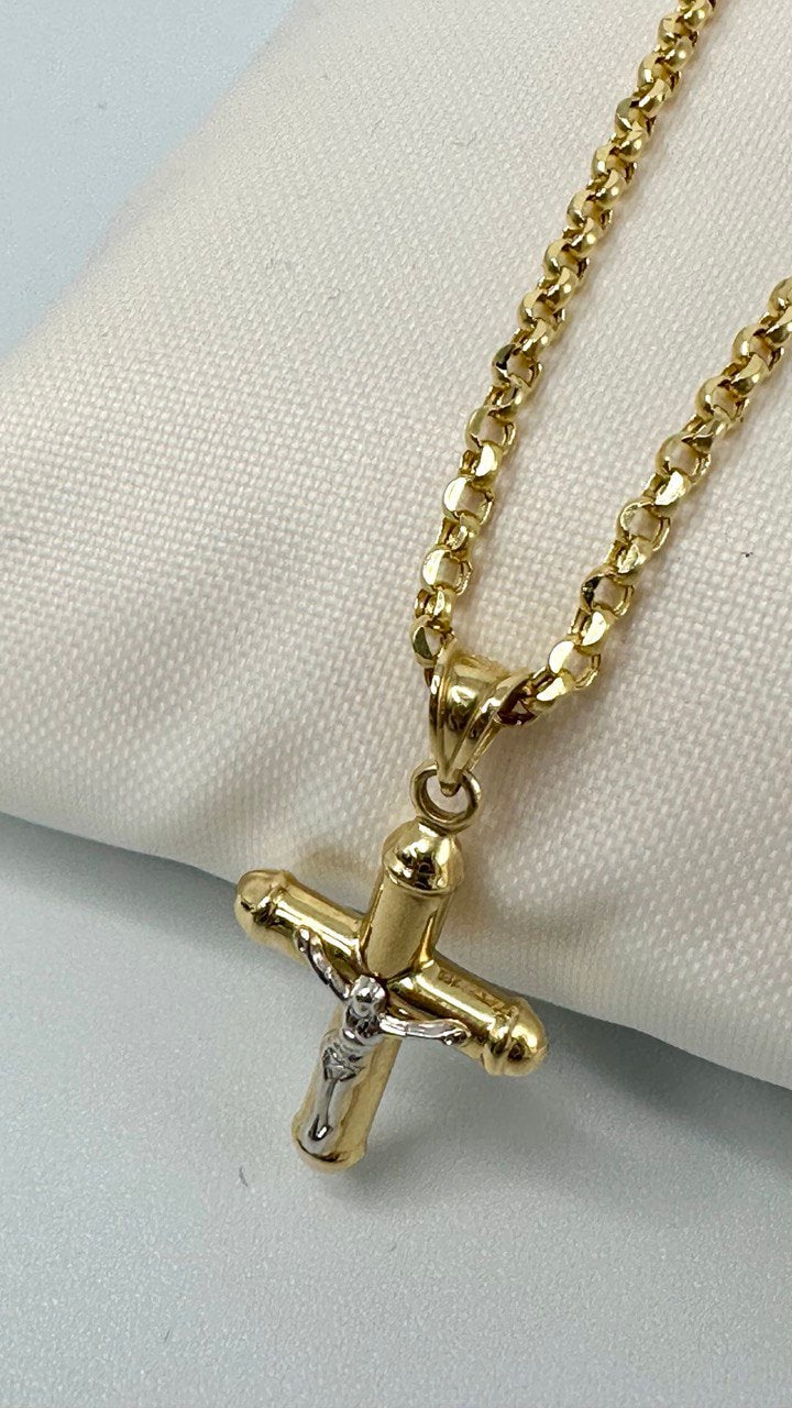 18K GOLD CROSS(1") NECKLACE,Rolo Chain Necklace,Real Gold,Jesus Cross,Crucifix Necklace,Diamond Cut Rolo,Partner Gift,Birthday Gift,For Her.