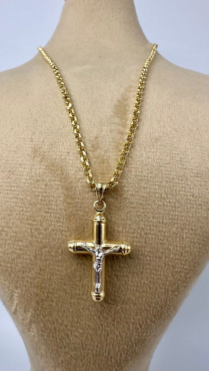 18K GOLD CROSS(1") NECKLACE,Rolo Chain Necklace,Real Gold,Jesus Cross,Crucifix Necklace,Diamond Cut Rolo,Partner Gift,Birthday Gift,For Her.