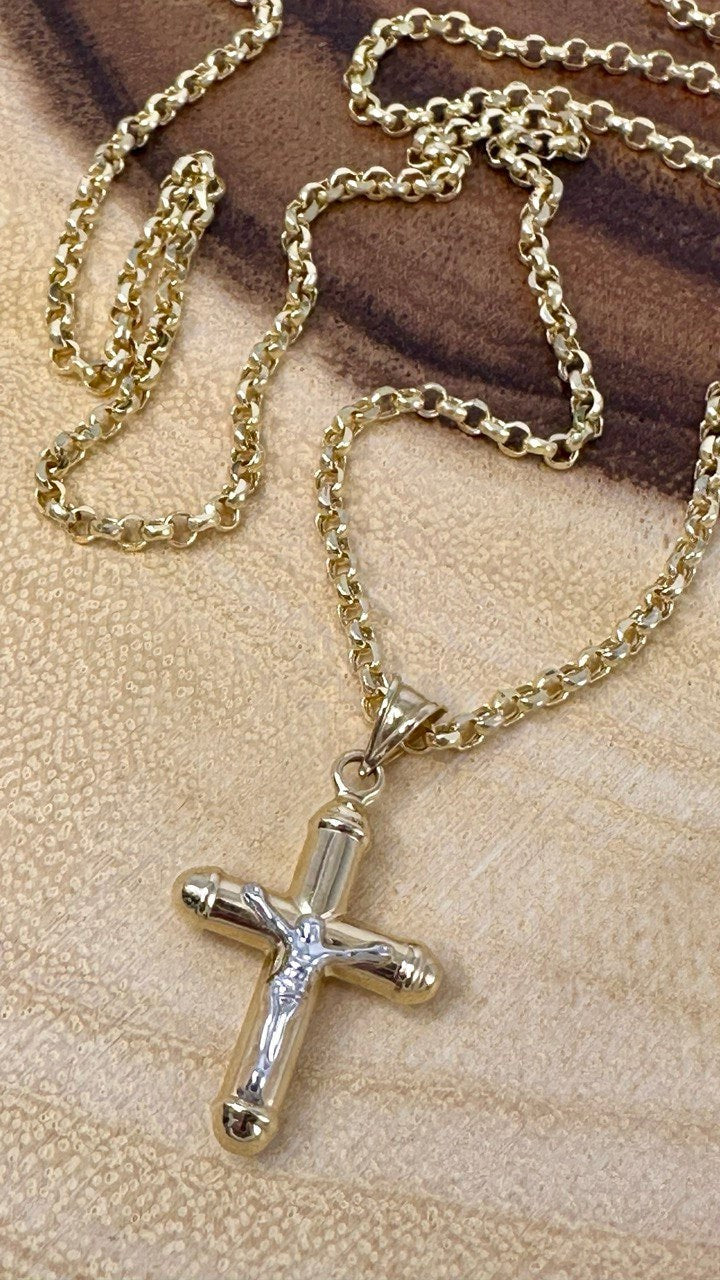 18K GOLD CROSS(1") NECKLACE,Rolo Chain Necklace,Real Gold,Jesus Cross,Crucifix Necklace,Diamond Cut Rolo,Partner Gift,Birthday Gift,For Her.