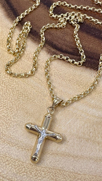 18K GOLD CROSS(1") NECKLACE,Rolo Chain Necklace,Real Gold,Jesus Cross,Crucifix Necklace,Diamond Cut Rolo,Partner Gift,Birthday Gift,For Her.