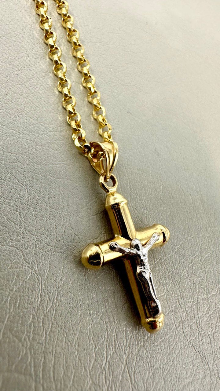 18K GOLD CROSS(1") NECKLACE,Rolo Chain Necklace,Real Gold,Jesus Cross,Crucifix Necklace,Diamond Cut Rolo,Partner Gift,Birthday Gift,For Her.