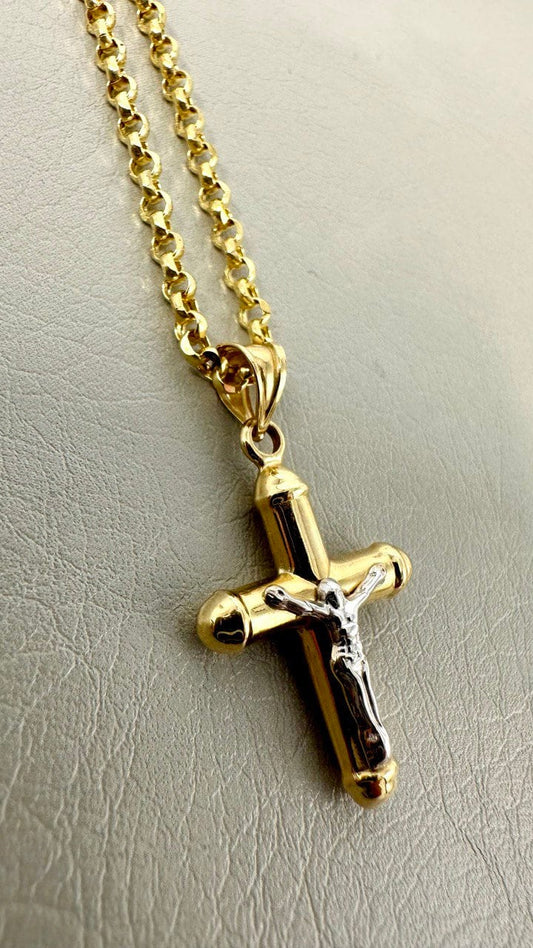 18K GOLD CROSS(1") NECKLACE,Rolo Chain Necklace,Real Gold,Jesus Cross,Crucifix Necklace,Diamond Cut Rolo,Partner Gift,Birthday Gift,For Her.