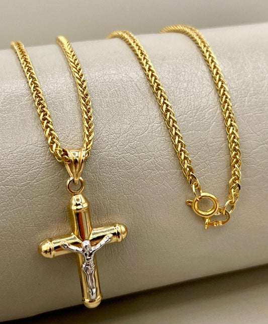 18Karat Gold Cross Necklace,Jesus Cross,Crusifix Necklace,With Franco Chain (1.5mm)Thick ,Real Gold Cross Necklace,Birthday Gift,For Her/Him