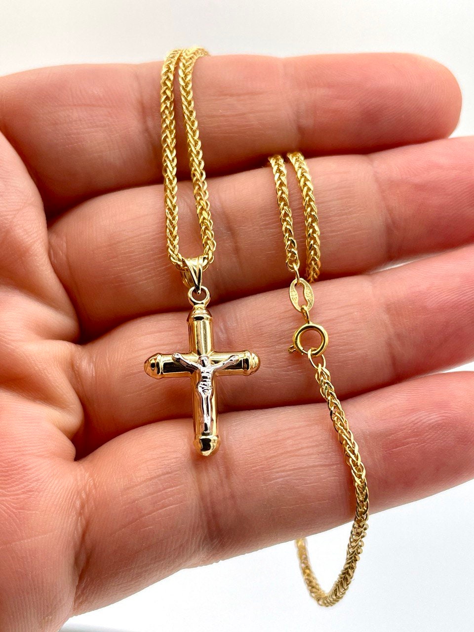 18Karat Gold Cross Necklace,Jesus Cross,Crusifix Necklace,With Franco Chain (1.5mm)Thick ,Real Gold Cross Necklace,Birthday Gift,For Her/Him
