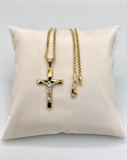 18K Gold Cross Necklace,Real Gold,Solid Necklace Gold,Crusifix Necklace,Jesus Cross,Round Box Necklace,Birthday Gift,Gift For Men/Women.