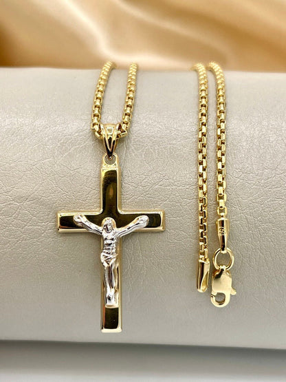 18K Gold Cross Necklace,Real Gold,Solid Necklace Gold,Crusifix Necklace,Jesus Cross,Round Box Necklace,Birthday Gift,Gift For Men/Women.