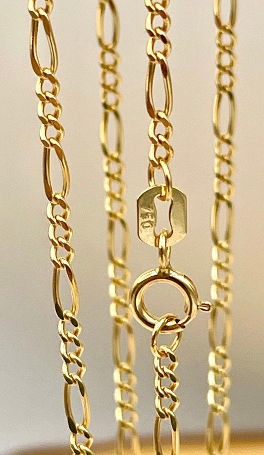 18K GOLD FIGARO(1.7mm)NECKLACE,Real Gold,Yellow Gold,Solid Gold,Birthday Gift,Partner Gift,For Her,For Him,Gift For Dad,Gift For Mom,(18").