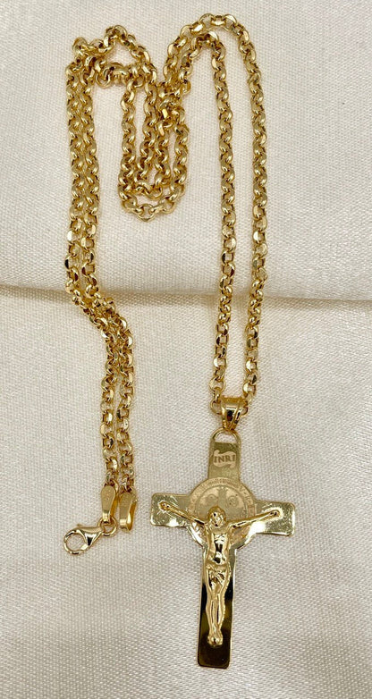 18 Karat Gold Cross(1.65"*1")Necklace,Crucifix Necklace,Cross Jesus,Real 18Karat Gold,Solid Gold,Rolo Diamond Cut,Heavy Cross,For Men/Women.