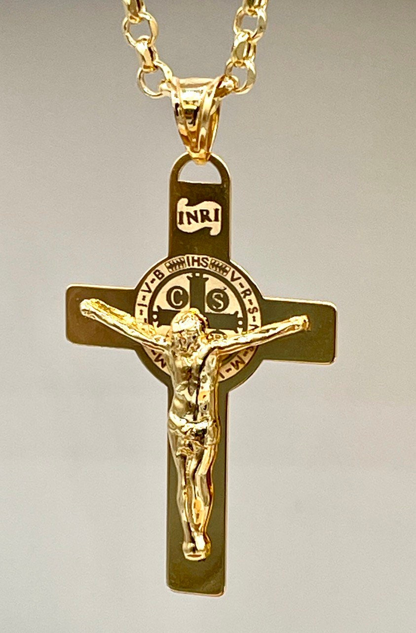 18 Karat Gold Cross(1.65"*1")Necklace,Crucifix Necklace,Cross Jesus,Real 18Karat Gold,Solid Gold,Rolo Diamond Cut,Heavy Cross,For Men/Women.