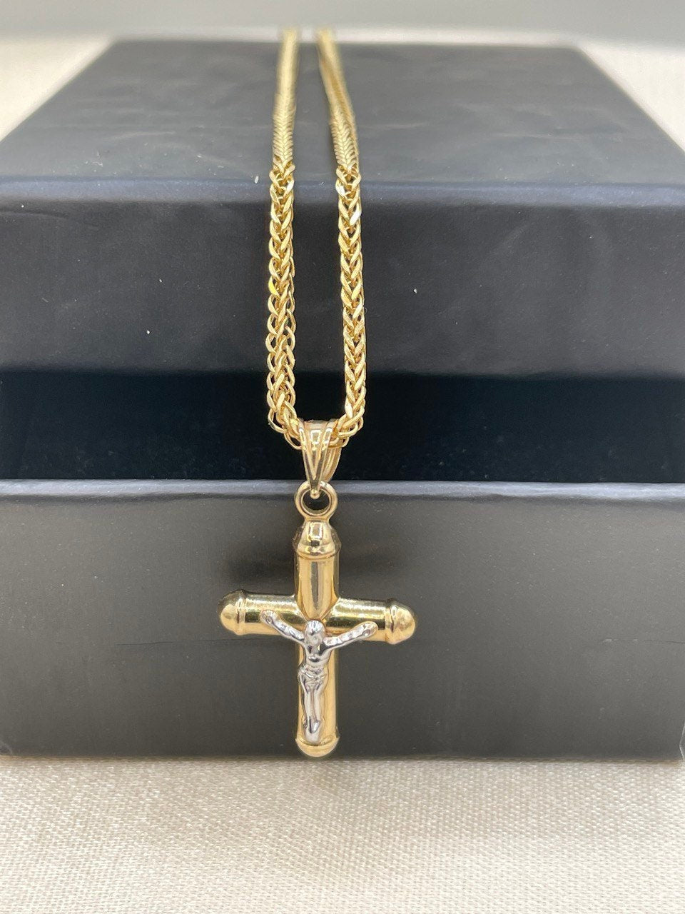 18Karat Gold Cross Necklace,Jesus Cross,Crusifix Necklace,With Franco Chain (1.5mm)Thick ,Real Gold Cross Necklace,Birthday Gift,For Her/Him