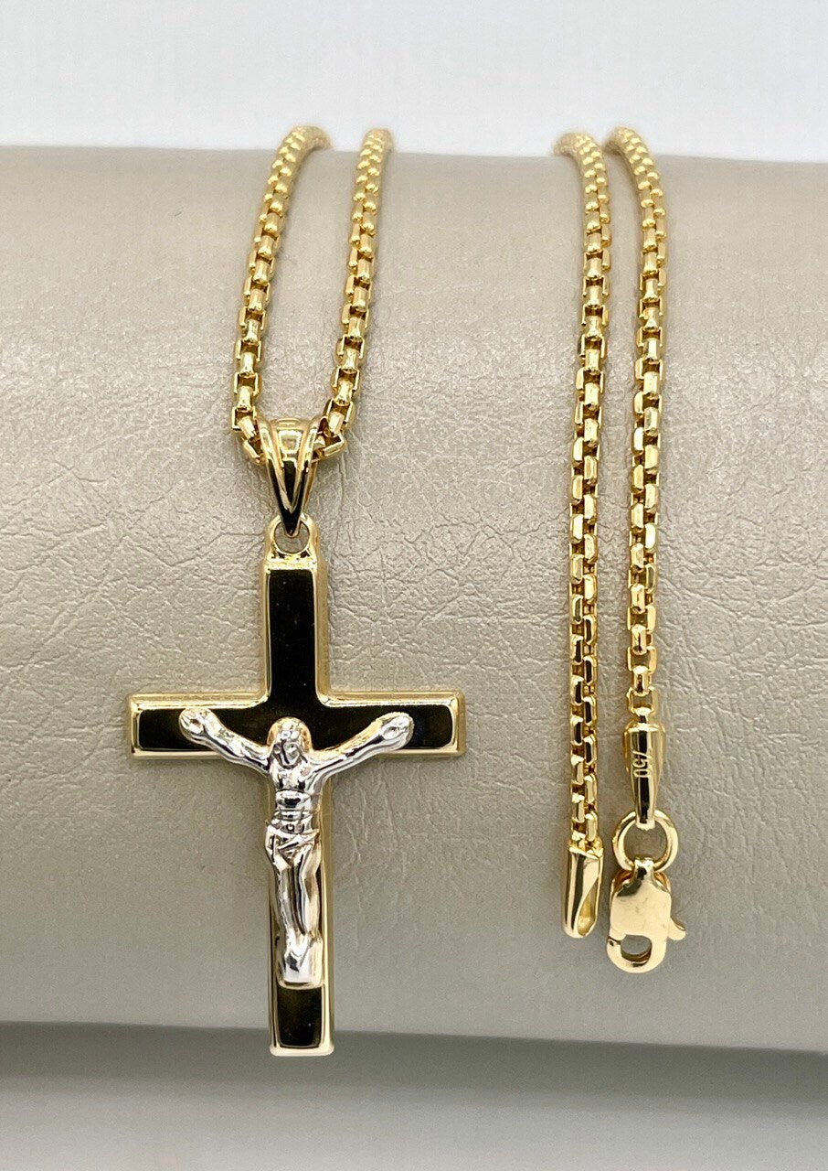 18K Gold Cross Necklace,Real Gold,Solid Necklace Gold,Crusifix Necklace,Jesus Cross,Round Box Necklace,Birthday Gift,Gift For Men/Women.