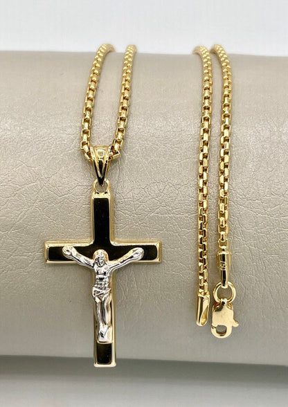 18K Gold Cross Necklace,Real Gold,Solid Necklace Gold,Crusifix Necklace,Jesus Cross,Round Box Necklace,Birthday Gift,Gift For Men/Women.