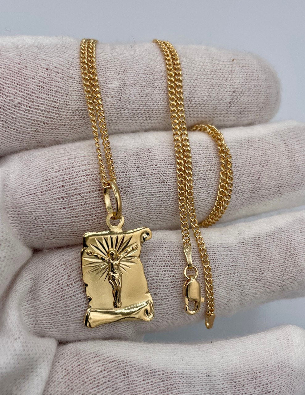 18K Gold Crucifix Necklace,2mmSolid Curb Chain, Diamond Cut Cross Chain,Christ Necklace Charm Religious Jewelry,Birthday Gift For Men/Women!