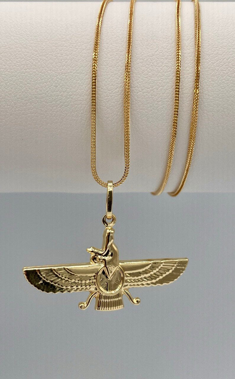 18k Gold Faravahar Necklace, symbol of Ahura Mazda,Handmade in Vancouver,with Franco chain 20",1 mm, Faravahar symbol of Zoroastrian,Gift.