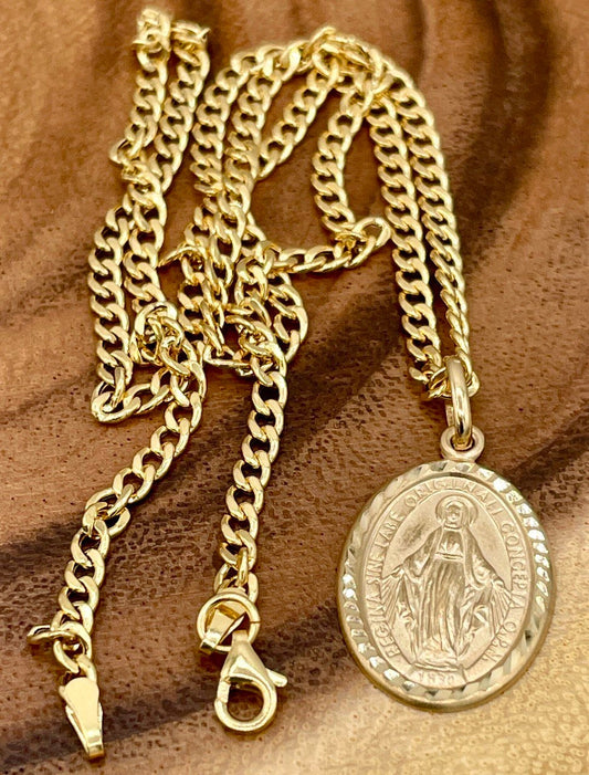 18K Gold Mary Medal Necklace,Curb Necklace Chain, Real 18K Gold,20"Length Curb Chain,Virgin Mary miraculous medal Catholic oval pendant Gift