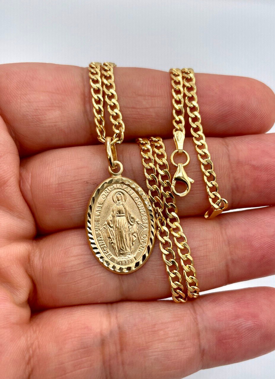 18K Gold Mary Medal Necklace,Curb Necklace Chain, Real 18K Gold,20"Length Curb Chain,Virgin Mary miraculous medal Catholic oval pendant Gift