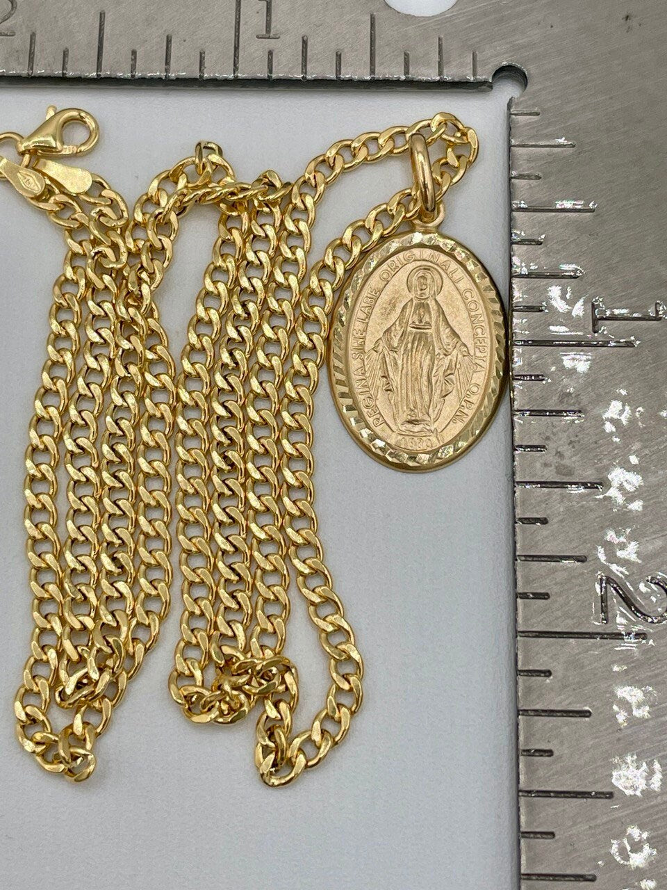 18K Gold Mary Medal Necklace,Curb Necklace Chain, Real 18K Gold,20"Length Curb Chain,Virgin Mary miraculous medal Catholic oval pendant Gift