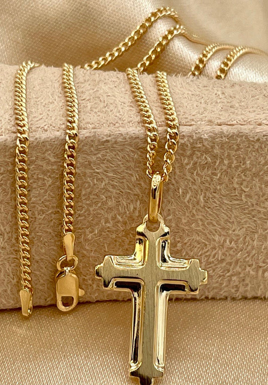 18k Solid Gold Cross Necklace ,Cross Necklace with 2mm Curb Chain ,Gold Cross Necklace , For Him, For Her ,Anniversary Gift ,Birthday Gift.