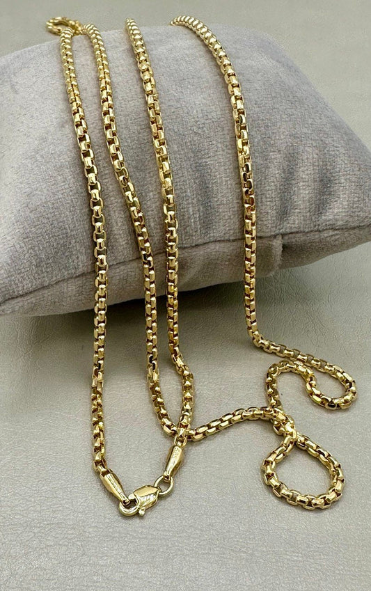 14K Solid Gold Box Chain Necklace, Real 14K Gold Round Box Link Gold Chain, 2.5mmThick _16" to 26", Genuine Solid Gold Chain for Men/Women!