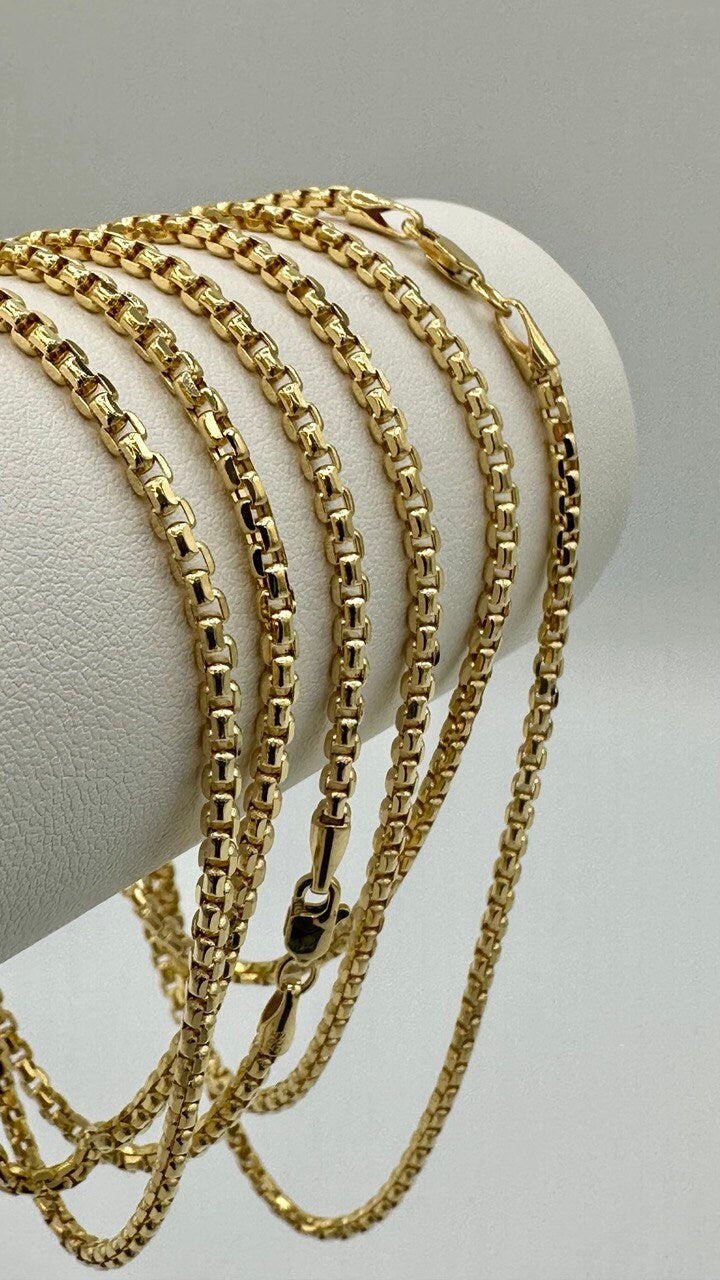 14K Solid Gold Box Chain Necklace, Real 14K Gold Round Box Link Gold Chain, 2.5mmThick _16" to 26", Genuine Solid Gold Chain for Men/Women!