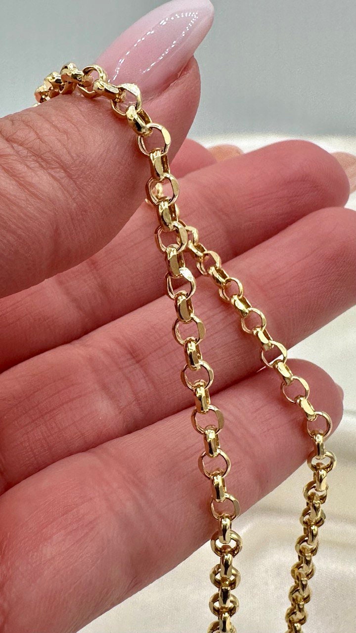 14K Solid Gold Rolo Chain Necklace, Real 14Krt Rolo Link Gold Chain, Rolo Diamond-cut Chain For Men & Women, 4mm width Rolo Chain Necklace!