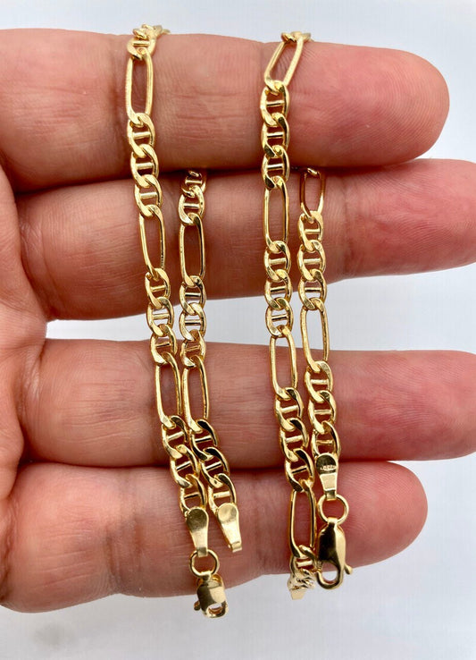 18k Solid Gold Figaro Bracelet, Yellow 18K Gold Figaro Links Bracelet,4.2MM Thick Real Gold Figaro Bracelet for Men/Women,Gifts for Him/Her!