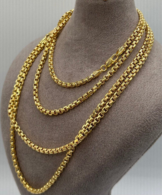 14K Solid Gold Box Chain Necklace,Pure 14K Gold Box links Chain,Diamond-Cut 4 MM Thick_20" to 24",14K Real Solid Gold Chain For Men & Women!