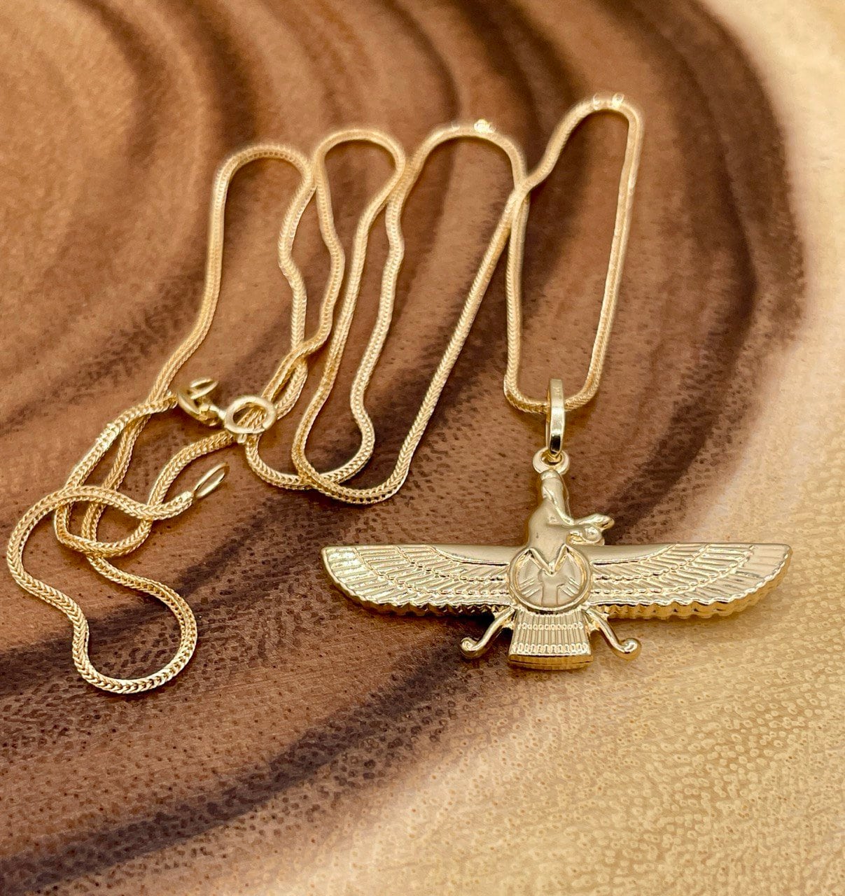 18k Gold Faravahar Necklace, symbol of Ahura Mazda,Handmade in Vancouver,with Franco chain 20",1 mm, Faravahar symbol of Zoroastrian,Gift.