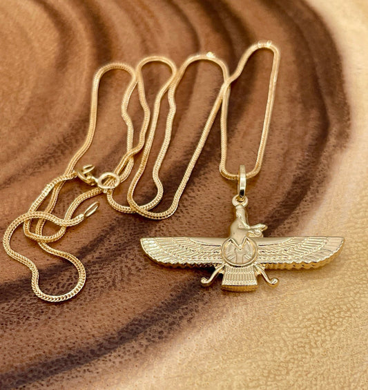 18k Gold Faravahar Necklace, symbol of Ahura Mazda,Handmade in Vancouver,with Franco chain 20",1 mm, Faravahar symbol of Zoroastrian,Gift.