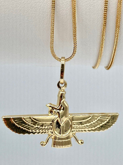18k Gold Faravahar Necklace, symbol of Ahura Mazda,Handmade in Vancouver,with Franco chain 20",1 mm, Faravahar symbol of Zoroastrian,Gift.