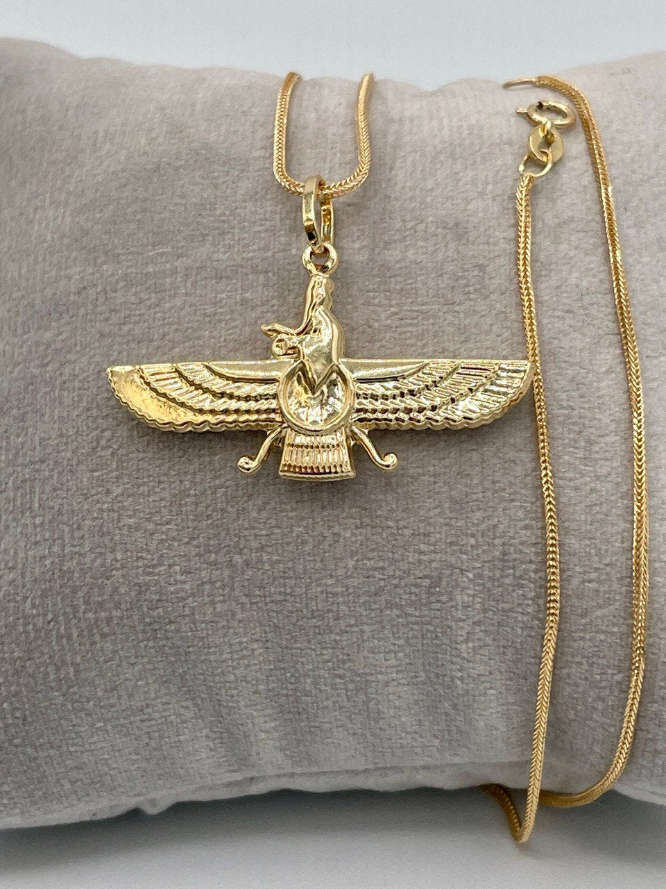 18k Gold Faravahar Necklace, symbol of Ahura Mazda,Handmade in Vancouver,with Franco chain 20",1 mm, Faravahar symbol of Zoroastrian,Gift.