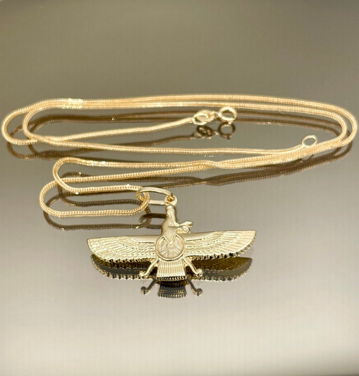 18k Gold Faravahar Necklace, symbol of Ahura Mazda,Handmade in Vancouver,with Franco chain 20",1 mm, Faravahar symbol of Zoroastrian,Gift.