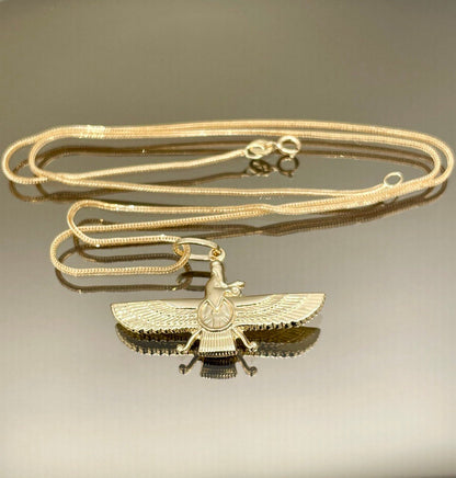 18k Gold Faravahar Necklace, symbol of Ahura Mazda,Handmade in Vancouver,with Franco chain 20",1 mm, Faravahar symbol of Zoroastrian,Gift.