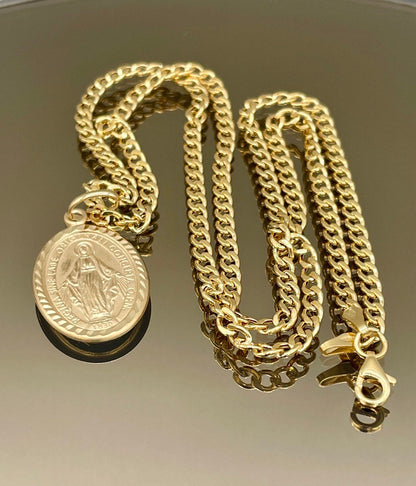 18K Gold Mary Medal Necklace,Curb Necklace Chain, Real 18K Gold,20"Length Curb Chain,Virgin Mary miraculous medal Catholic oval pendant Gift