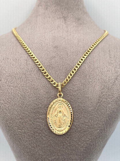 18K Gold Mary Medal Necklace,Curb Necklace Chain, Real 18K Gold,20"Length Curb Chain,Virgin Mary miraculous medal Catholic oval pendant Gift