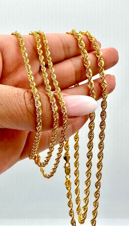 14K Solid Gold Rope Chain Necklace, 14K Yellow Solid Gold Rope Chain, Diamond-cut 2.5mm-4.5mm Thick 20"- 26" Lengths Genuine Gold Chain!