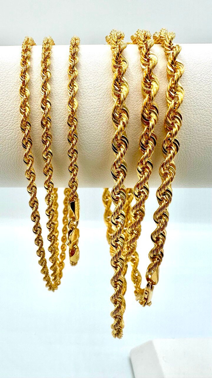 14K Solid Gold Rope Chain Necklace, 14K Yellow Solid Gold Rope Chain, Diamond-cut 2.5mm-4.5mm Thick 20"- 26" Lengths Genuine Gold Chain!