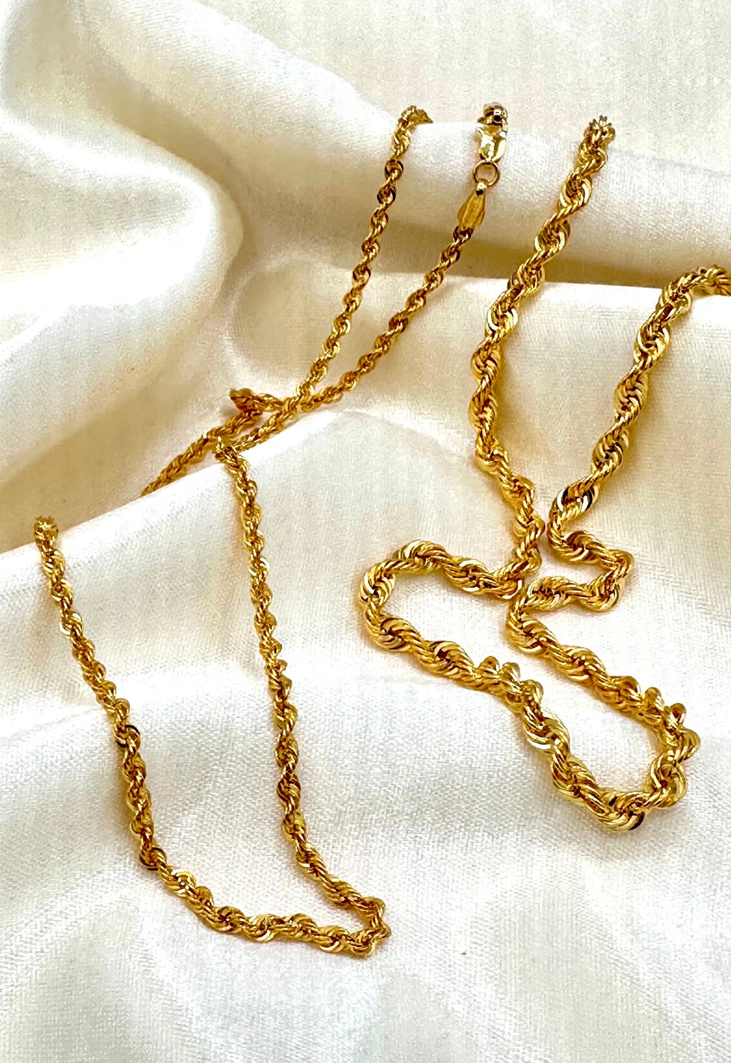 14K Solid Gold Rope Chain Necklace, 14K Yellow Solid Gold Rope Chain, Diamond-cut 2.5mm-4.5mm Thick 20"- 26" Lengths Genuine Gold Chain!