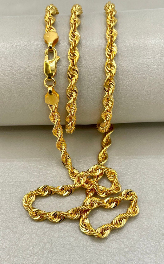 14K Solid Gold Rope Chain Necklace, Real 14K Yellow Gold Rope Chain, Diamond-cut 4 mm Thick, 20"- 26" lengths, Real Gold Chain for Him/Her!