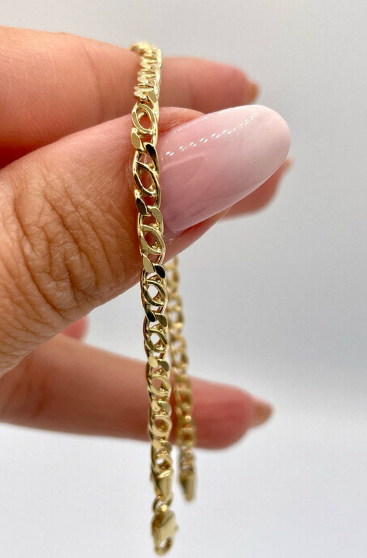 14K Gold Cable Bracelet,Tiger eye,Real Solid Gold,Tiger eye Link Bracelet,3.5mmThick,7.5" Length,Diamond Cut,Birthday Gift Men/Women!
