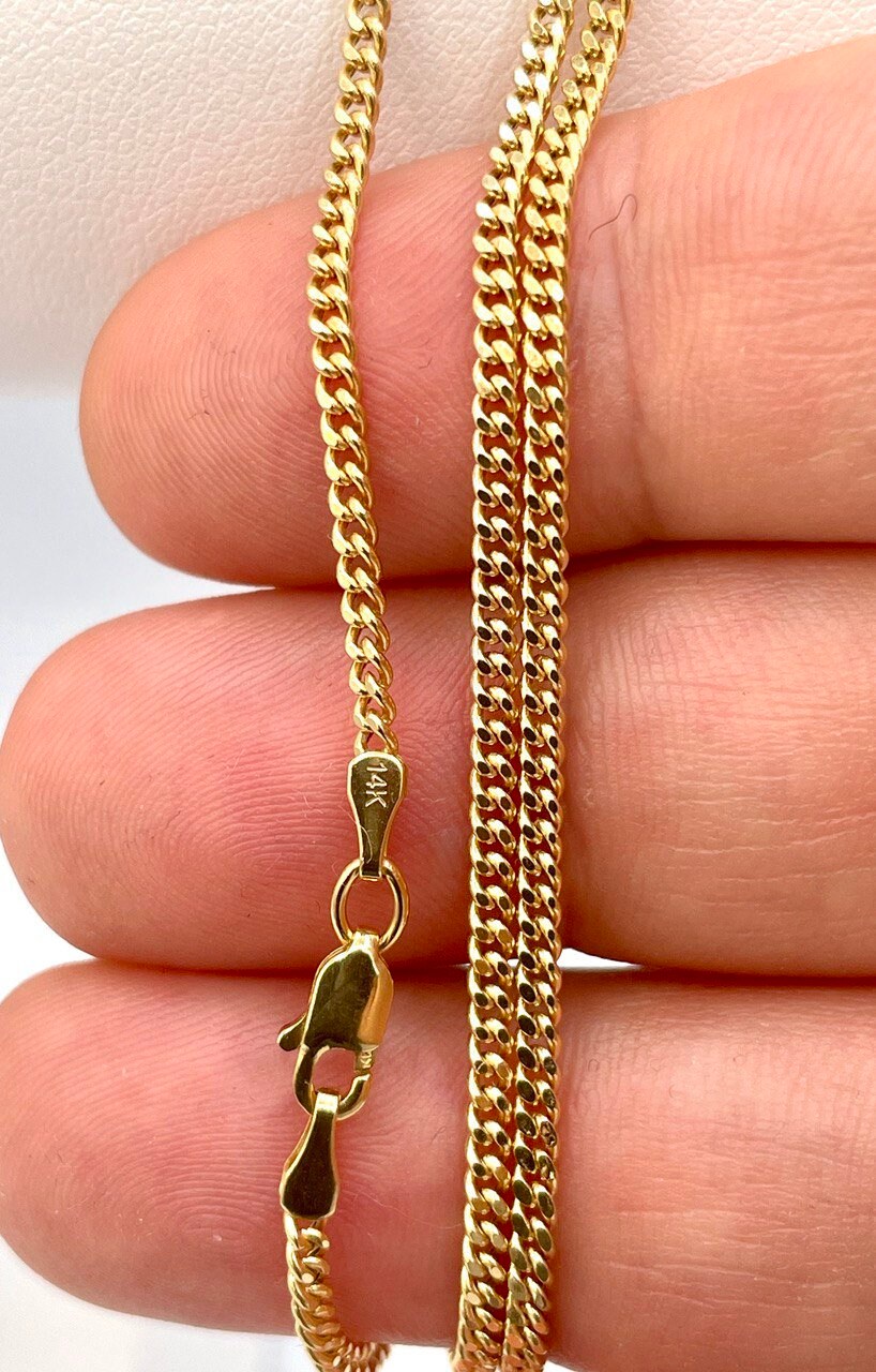 14K Solid Gold Curb Chain Necklace,Real 14K Gold Miami Cuban Link Chain,2mm23.5"to27.75" length 14K Gold Chain for Men/Women, for Him/Her!
