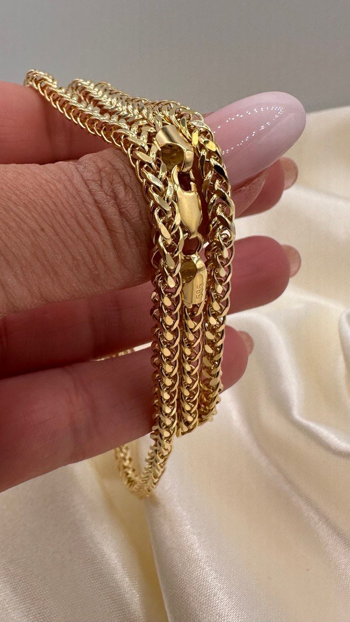 14K Solid Gold Franco/Foxtail Chain, Real 14K Gold Franco Wheat Chain,4 mm, 20"- 25.6", Solid Gold Chain for Men & Women, Birthday Gift!