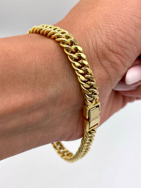 14K Solid Gold Curb Cuban Bracelet Chain, Real 14K Yellow Gold Bracelet,7mm wide_7"-8.5" Curb Links Bracelet for Men & Women, Birthday Gift!