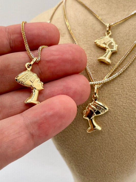 18k Solid Gold Nefertiti Pendant and 18k Gold Franco Chain-Symbolizes of beauty,Elegant Gold Egyptian Queen Charm,Birthday Gift ,For Her