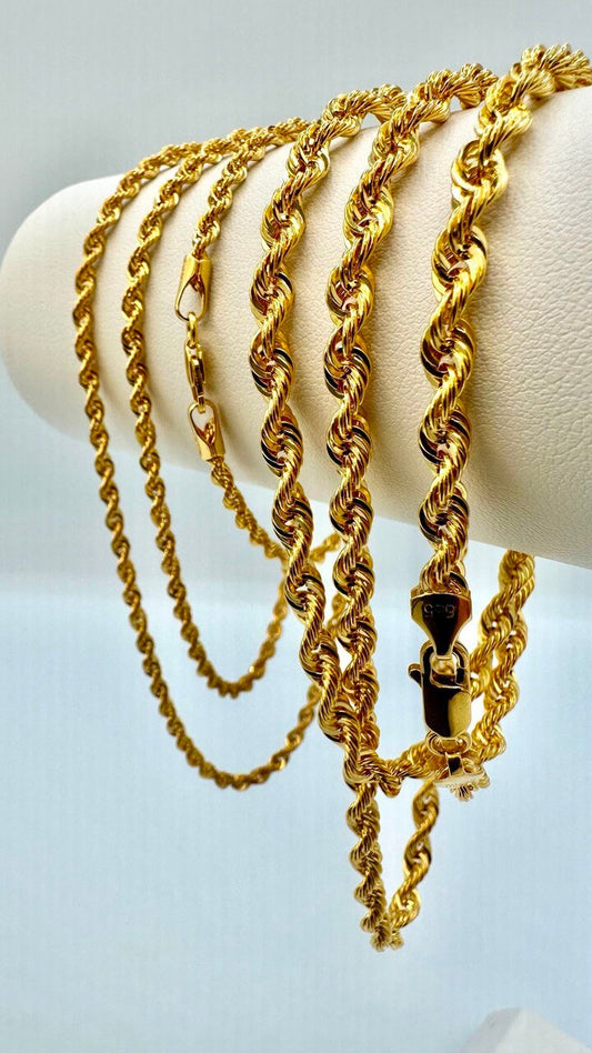 14K Solid Gold Rope Chain Necklace, 14K Yellow Solid Gold Rope Chain, Diamond-cut 2.5mm-4.5mm Thick 20"- 26" Lengths Genuine Gold Chain!