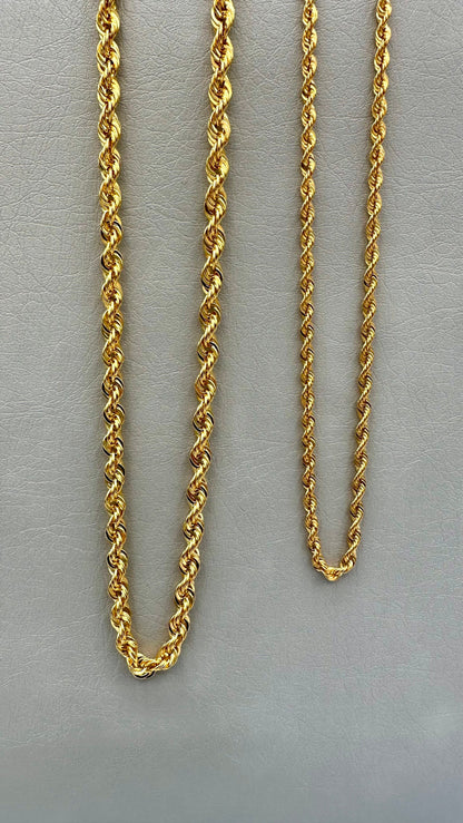 14K Solid Gold Rope Chain Necklace, 14K Yellow Solid Gold Rope Chain, Diamond-cut 2.5mm-4.5mm Thick 20"- 26" Lengths Genuine Gold Chain!