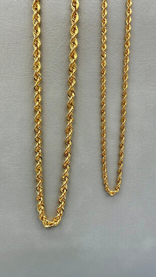 14K Solid Gold Rope Chain Necklace, 14K Yellow Solid Gold Rope Chain, Diamond-cut 2.5mm-4.5mm Thick 20"- 26" Lengths Genuine Gold Chain!
