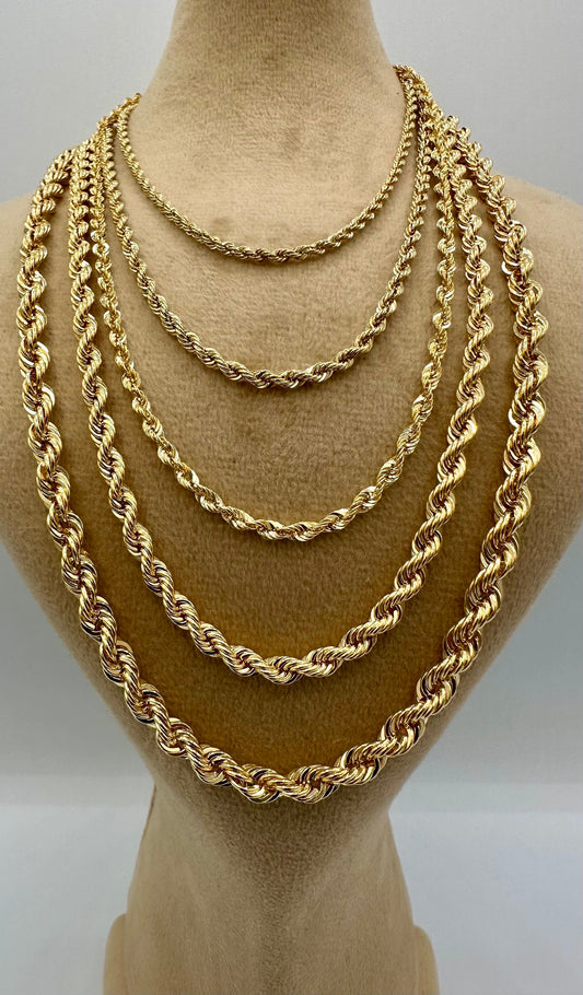18K Solid Gold Rope Chain Necklace, Real 18K Yellow Gold Rope Link Chain, Diamond-Cut 2mm-5mm, 18"-24", Solid Gold Chain for Men & Women!