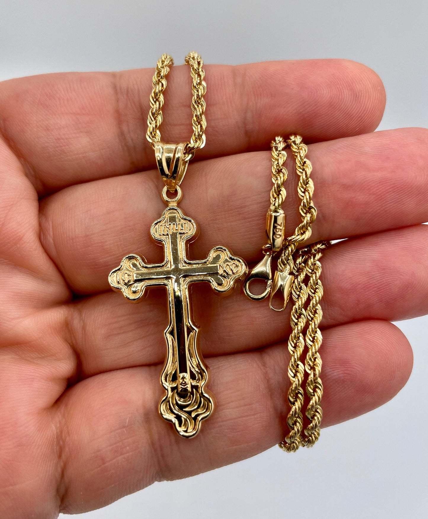 Solid 18K Cross Necklace Gold,Solid Rope Chain Necklace,Real 18k Gold,Birthday Gift,Gift For Men/Women.