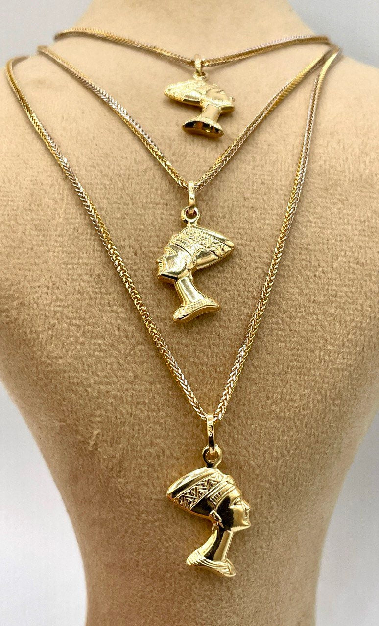 18k Solid Gold Nefertiti Pendant and 18k Gold Franco Chain-Symbolizes of beauty,Elegant Gold Egyptian Queen Charm,Birthday Gift ,For Her
